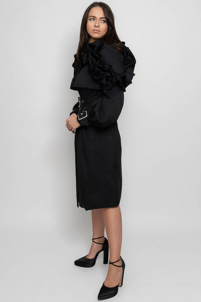 Casaco Trench com Babados - Preto