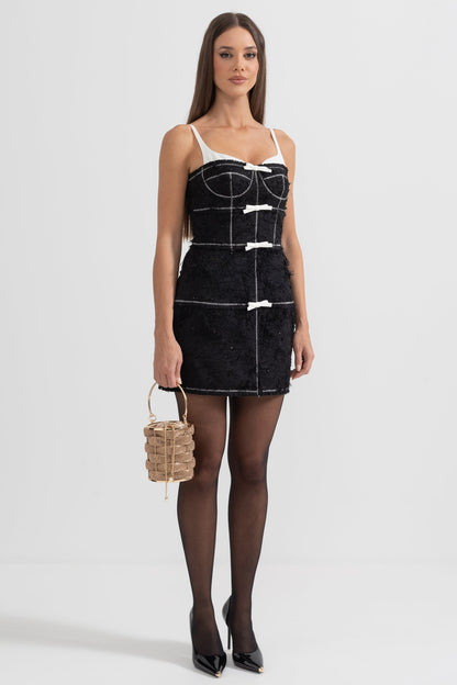 Vestido Mini Com Tecido Com Padrão Semelhante a Penas - Preto