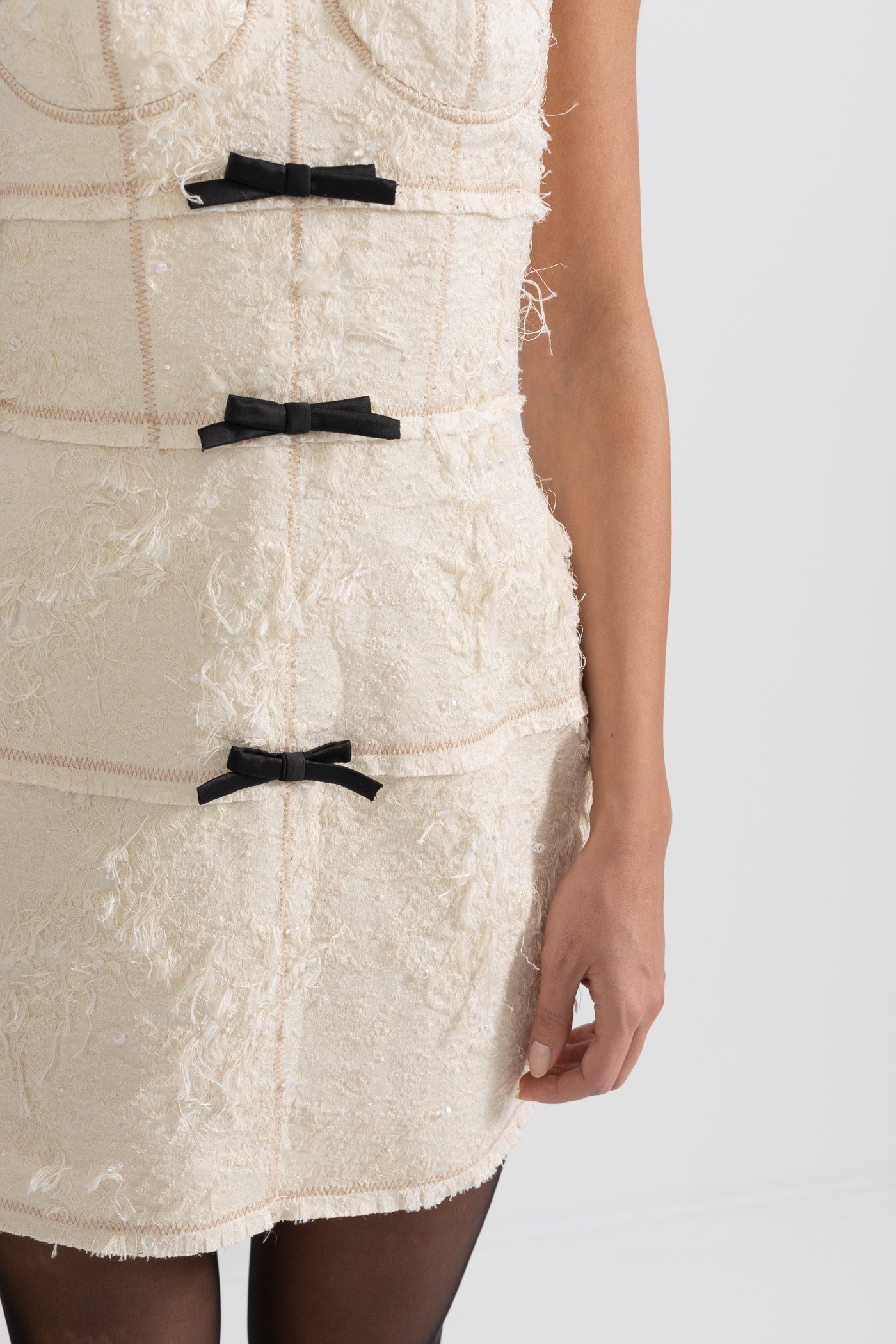 Vestido Mini Com Tecido Com Padrão Semelhante a Penas - Ivoire