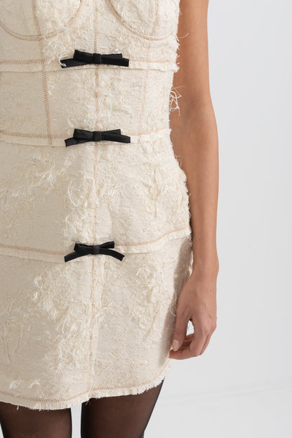 Vestido Mini Com Tecido Com Padrão Semelhante a Penas - Ivoire