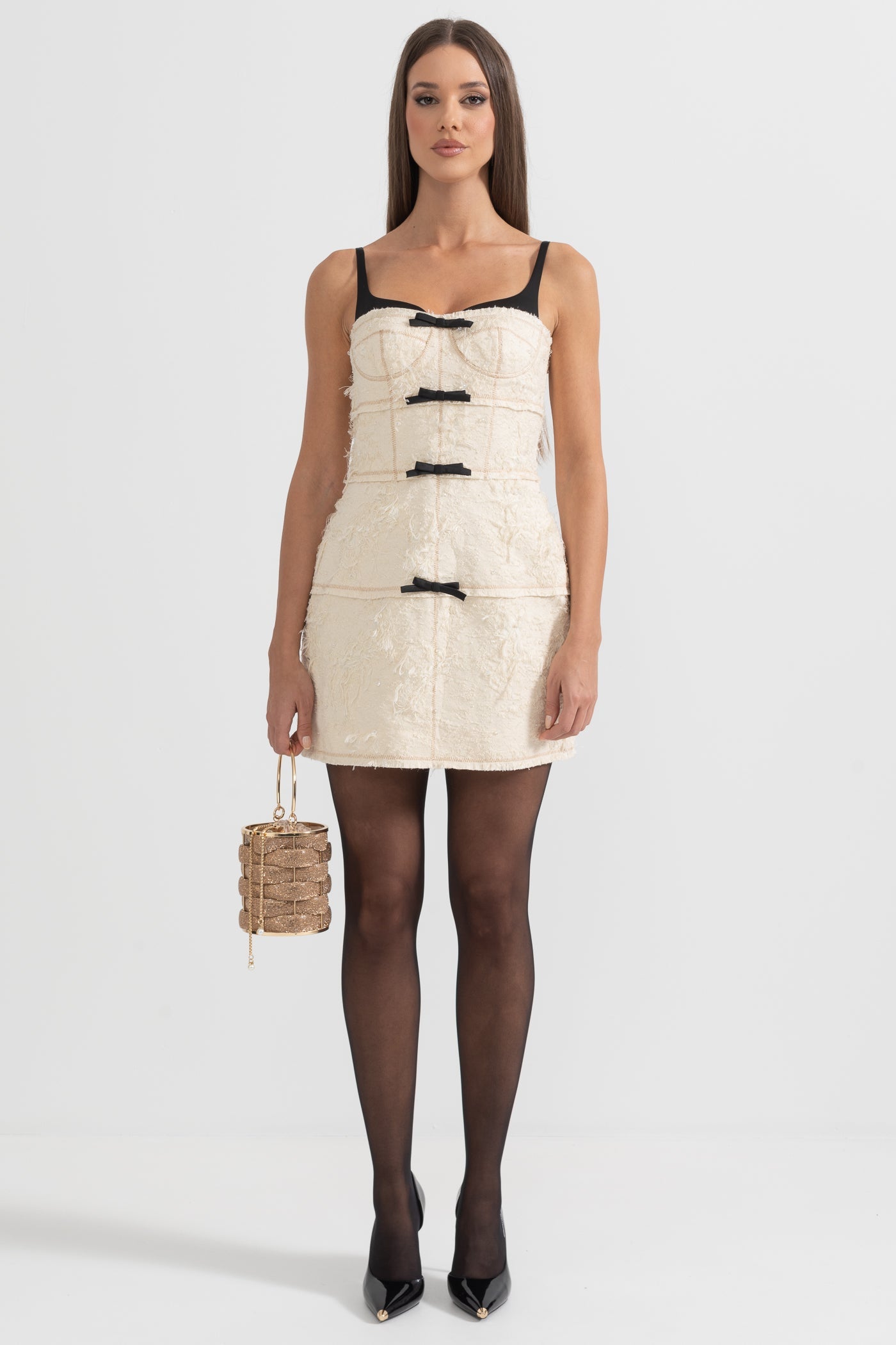 Vestido Mini Com Tecido Com Padrão Semelhante a Penas - Ivoire
