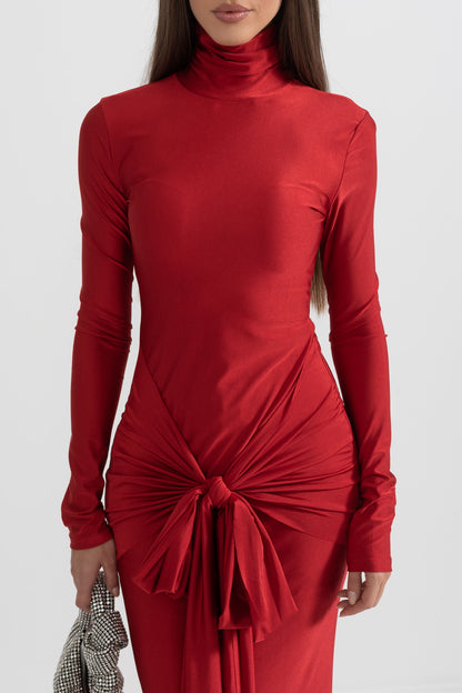 Vestido Longo Drapado de Gola Alta - Vermelho