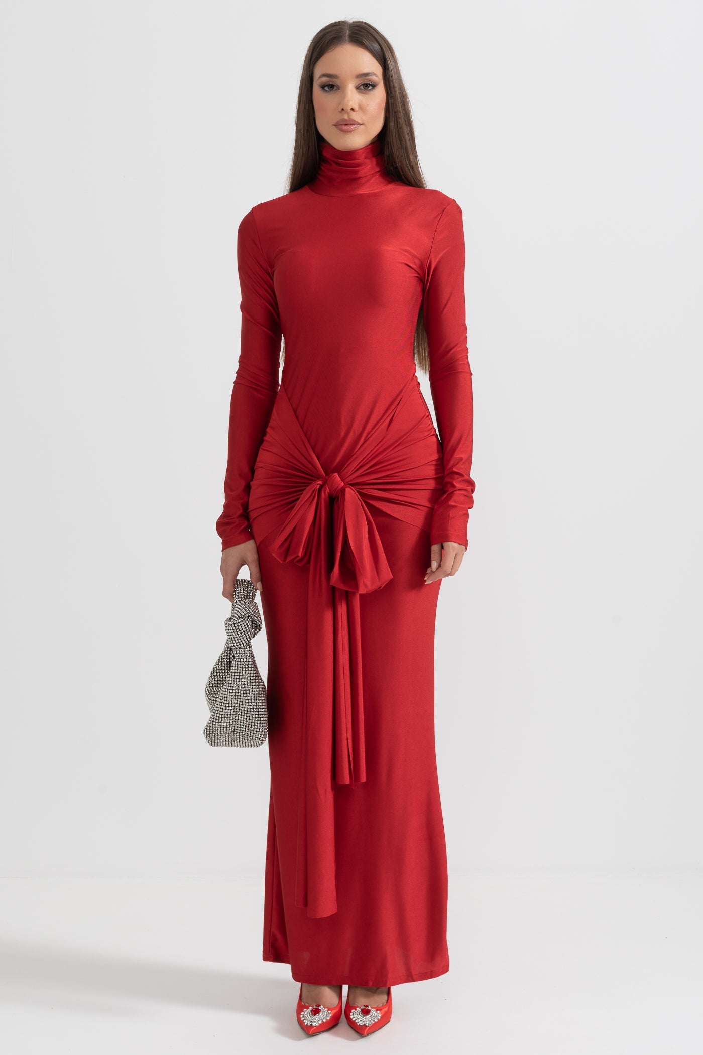 Vestido Longo Drapado de Gola Alta - Vermelho