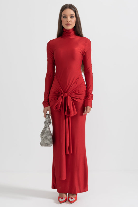 Vestido Longo Drapado de Gola Alta - Vermelho