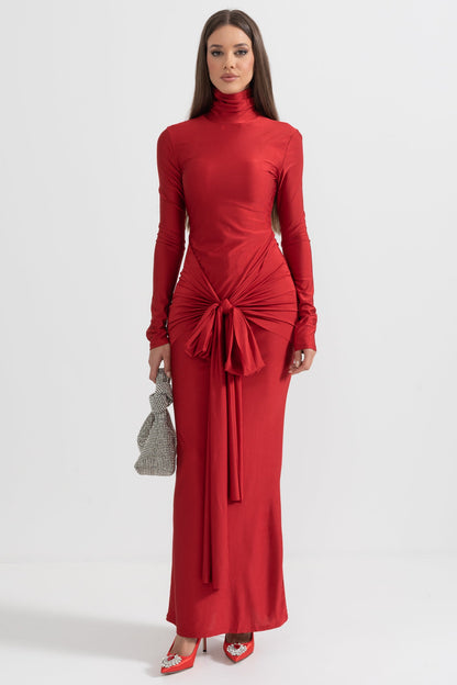 Vestido Longo Drapado de Gola Alta - Vermelho