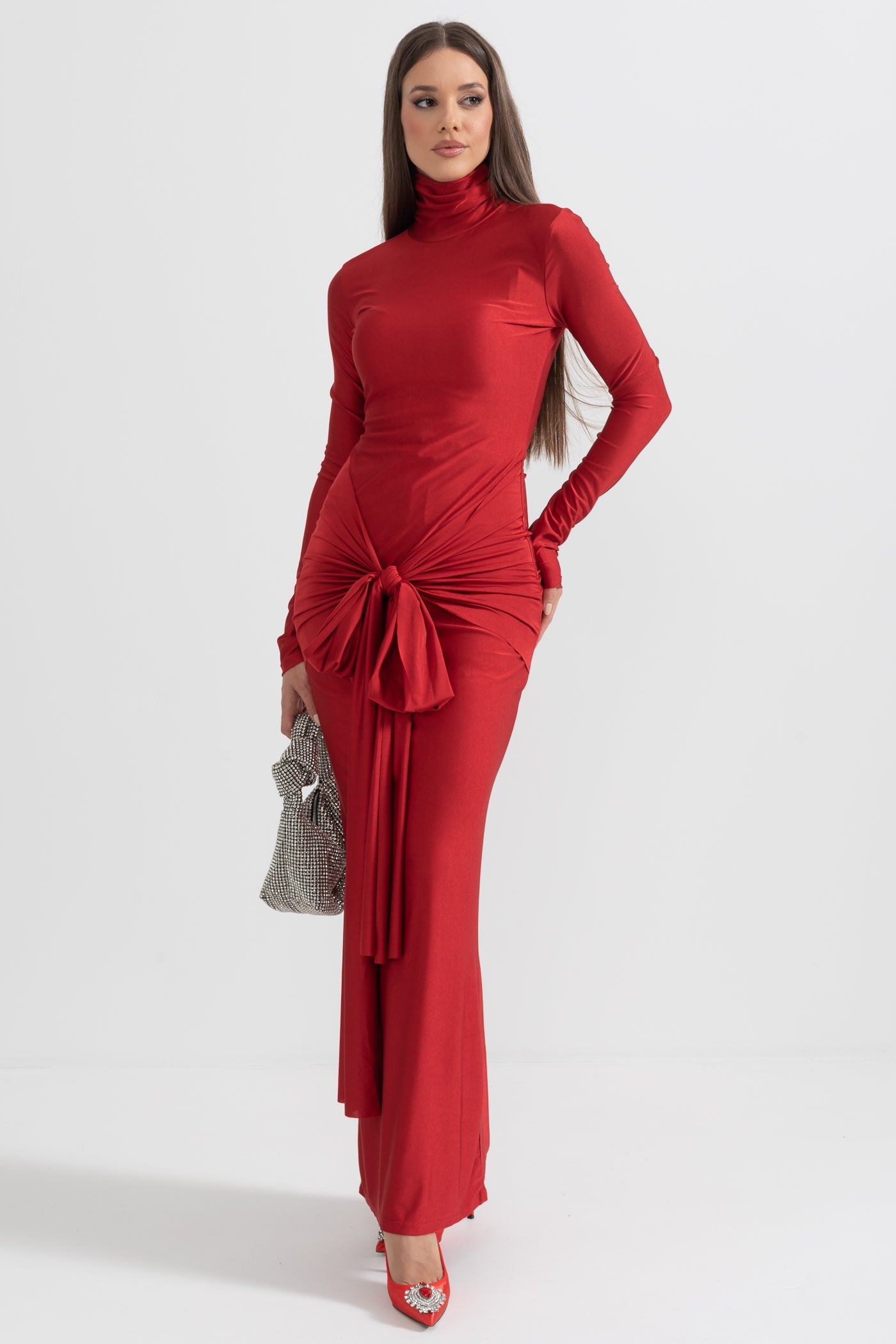Vestido Longo Drapado de Gola Alta - Vermelho