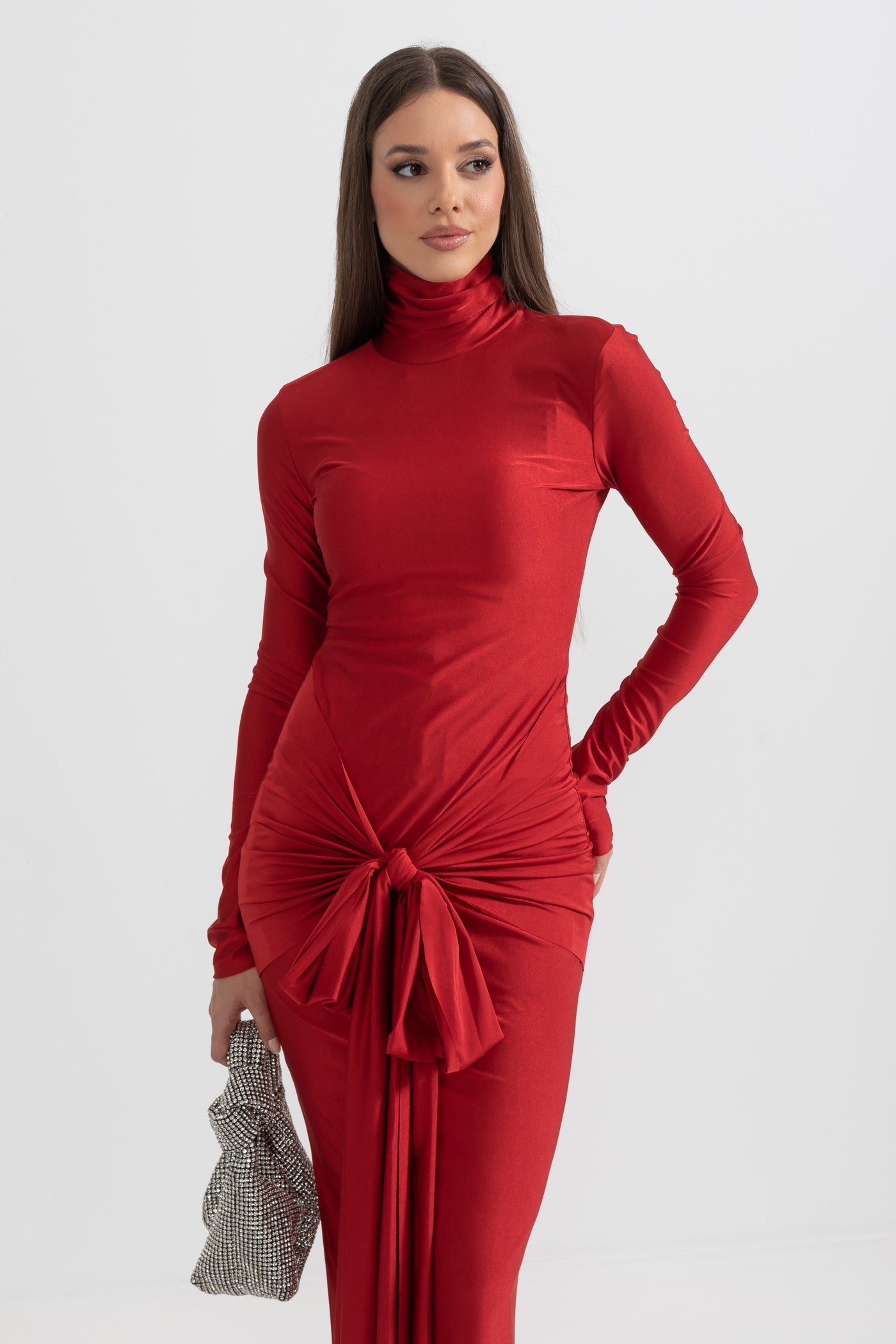 Vestido Longo Drapado de Gola Alta - Vermelho