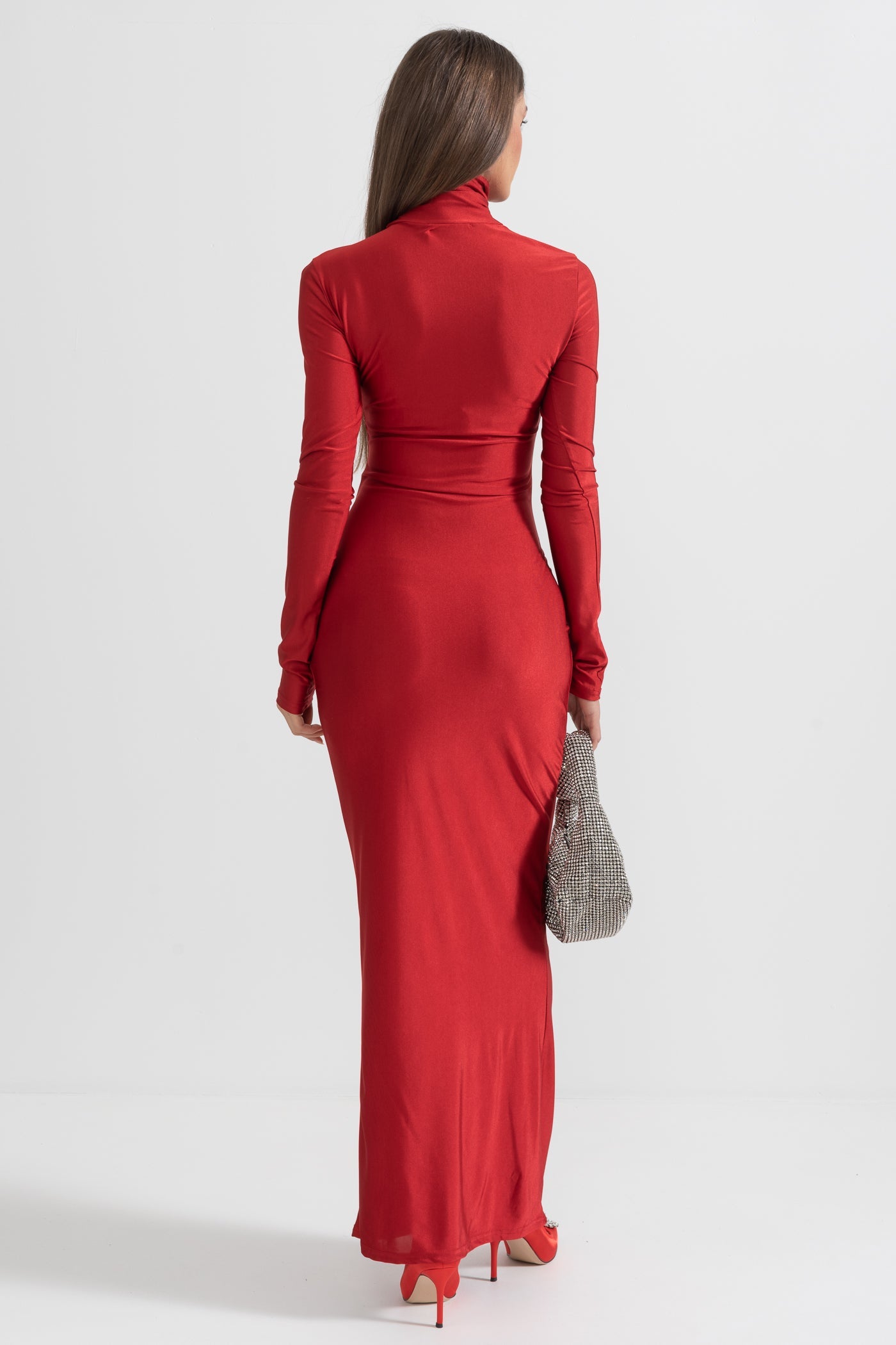 Vestido Longo Drapado de Gola Alta - Vermelho