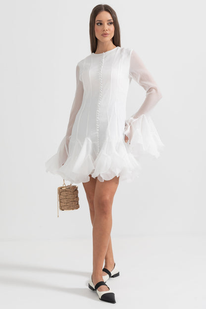 Vestido Elegante com Mangas Largas e Barra Larga - Branco