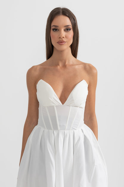 Vestido Midi Sofisticado Sem Alças com Corpete Ajustado - Branco