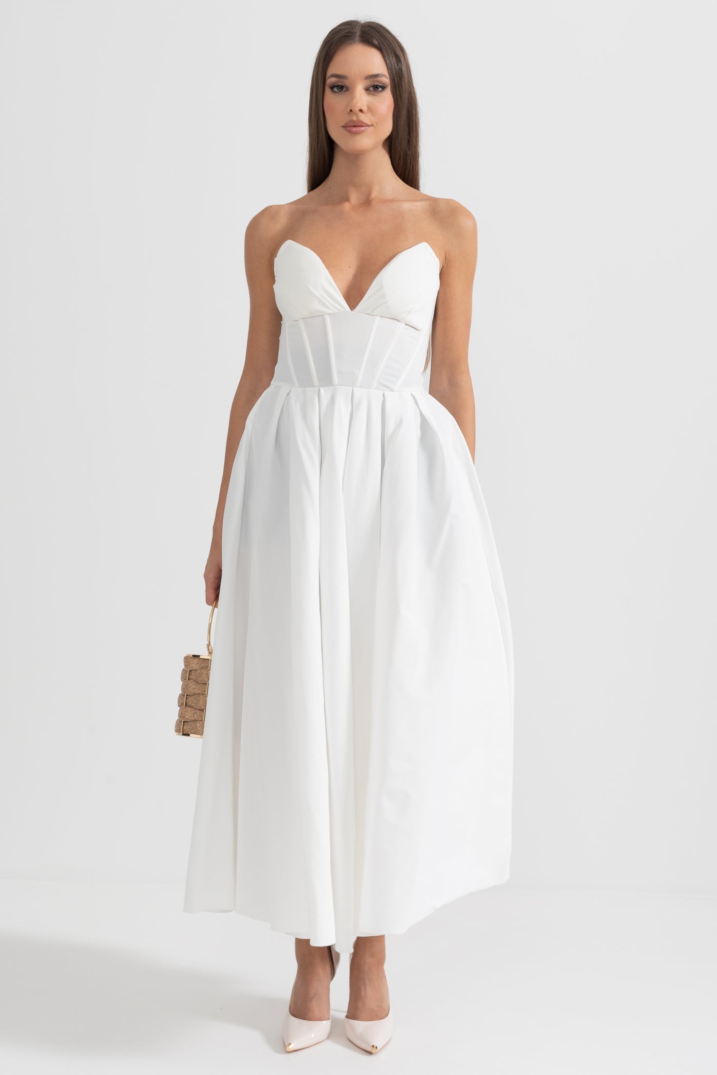 Vestido Midi Sofisticado Sem Alças com Corpete Ajustado - Branco