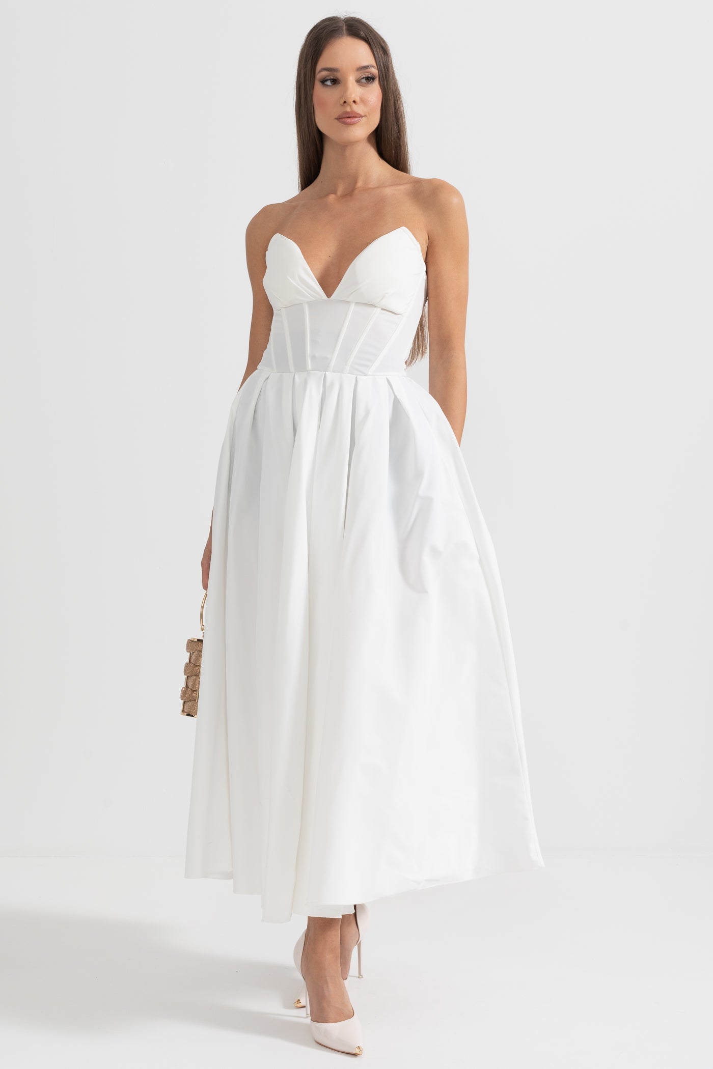 Vestido Midi Sofisticado Sem Alças com Corpete Ajustado - Branco