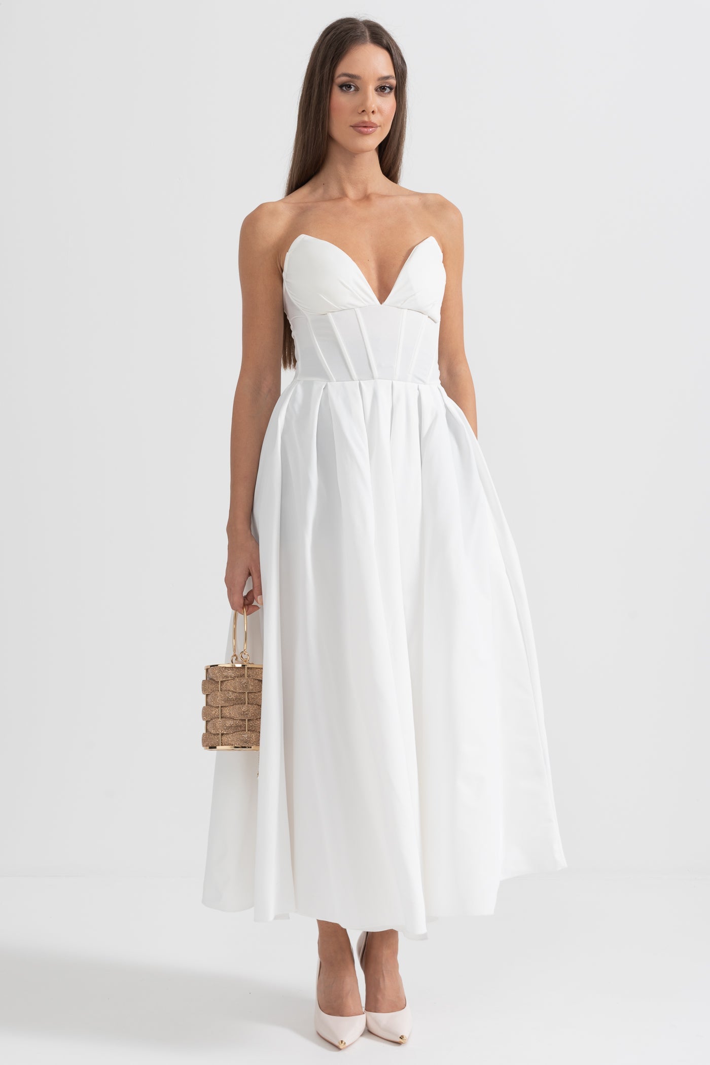 Vestido Midi Sofisticado Sem Alças com Corpete Ajustado - Branco