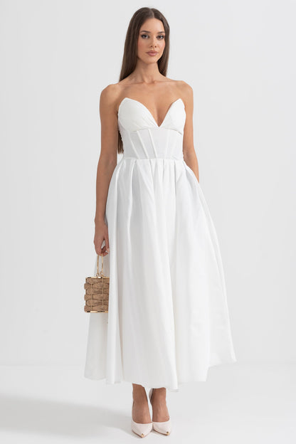 Vestido Midi Sofisticado Sem Alças com Corpete Ajustado - Branco