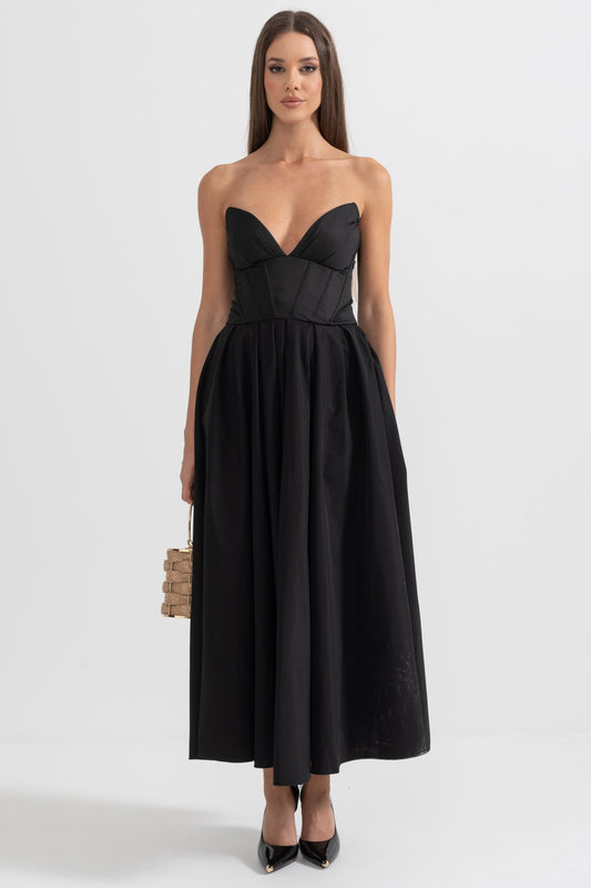Vestido Midi Sofisticado Sem Alças com Corpete Ajustado - Preto