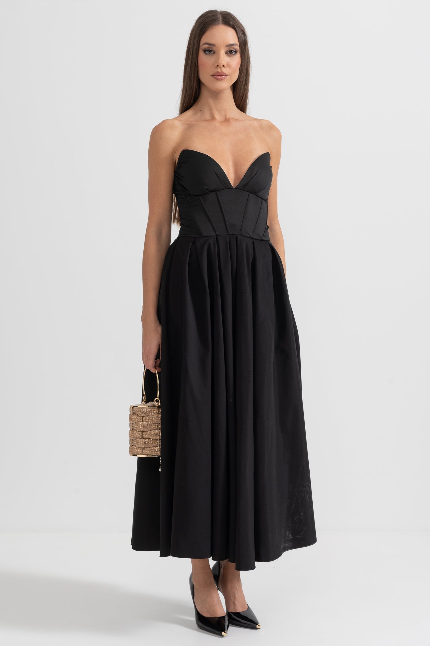 Vestido Midi Sofisticado Sem Alças com Corpete Ajustado - Preto