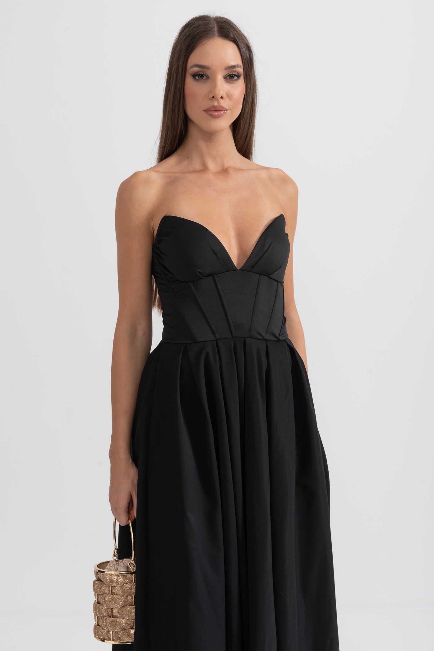 Vestido Midi Sofisticado Sem Alças com Corpete Ajustado - Preto