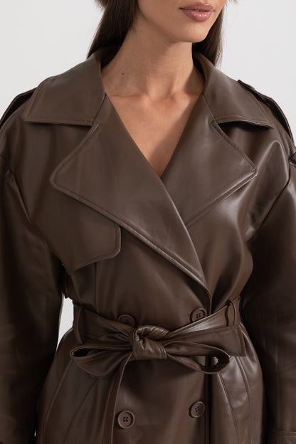 Casaco Trench de Couro Vegan - Castanho
