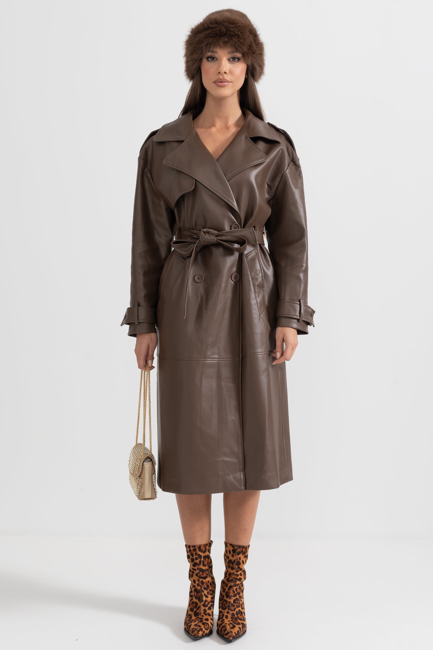 Casaco Trench de Couro Vegan - Castanho