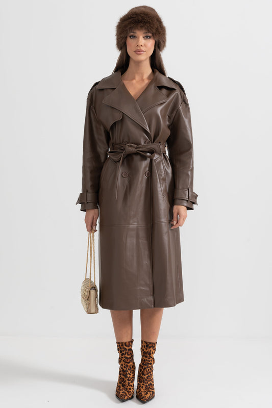 Casaco Trench de Couro Vegan - Castanho