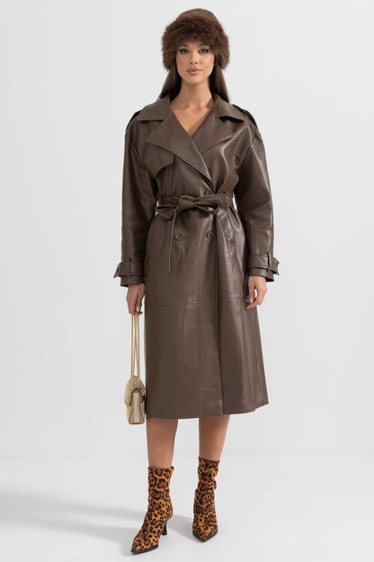 Casaco Trench de Couro Vegan - Castanho