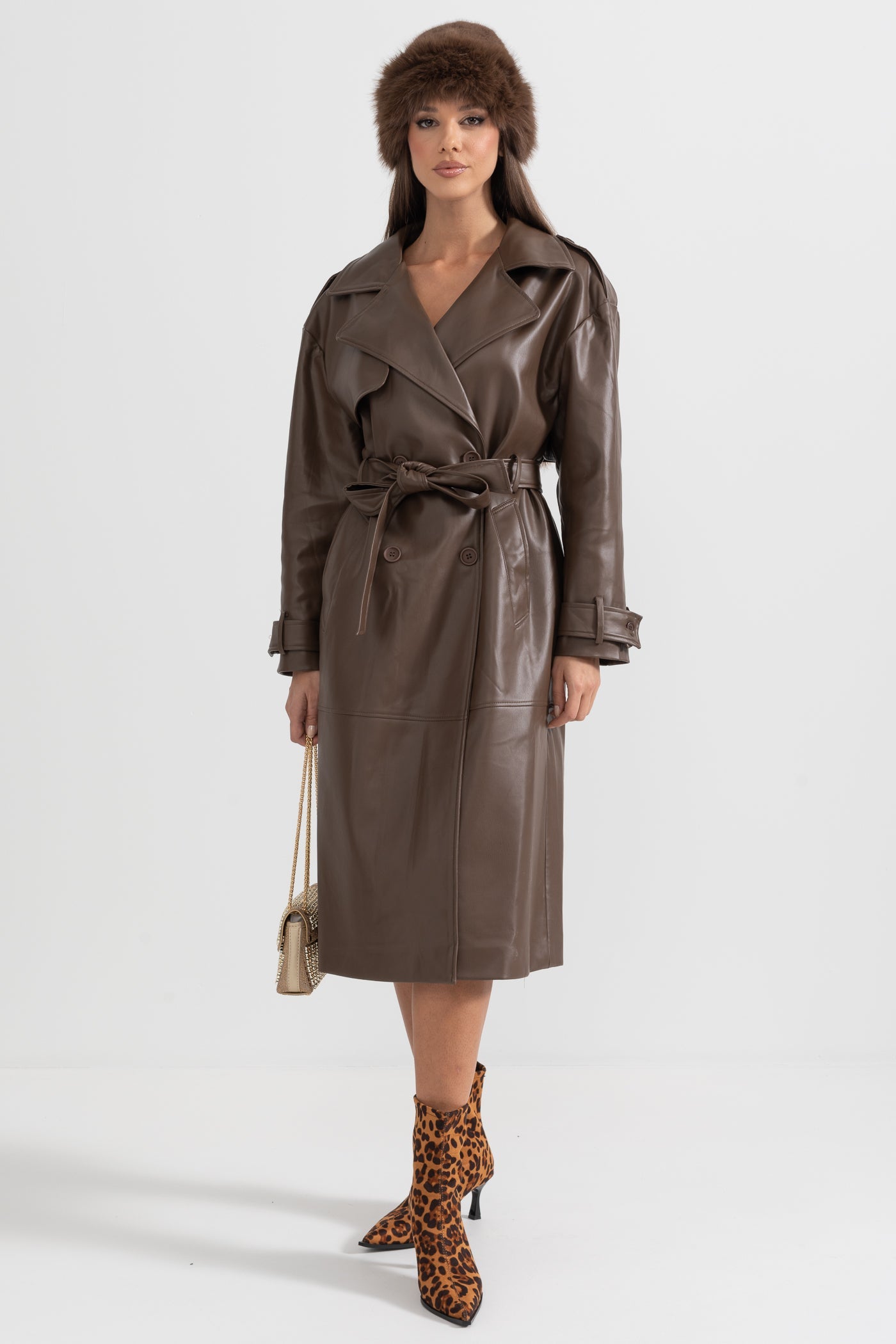 Casaco Trench de Couro Vegan - Castanho