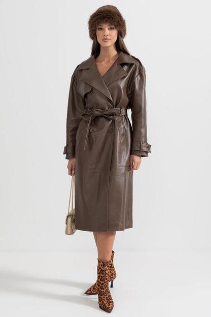 Casaco Trench de Couro Vegan - Castanho