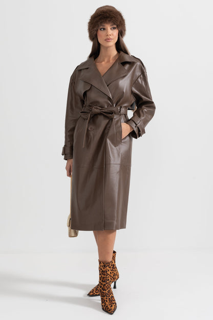Casaco Trench de Couro Vegan - Castanho