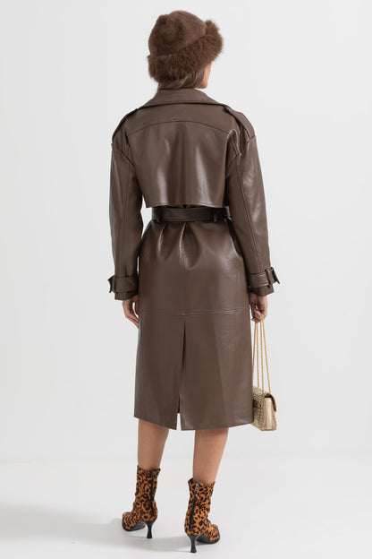 Casaco Trench de Couro Vegan - Castanho