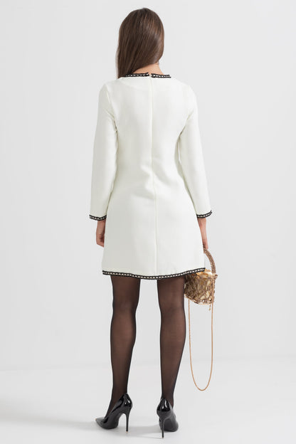 Vestido Texturizado Com Detalhes em Costura Preta - Branco