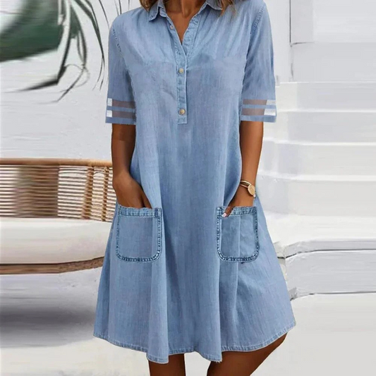 Jill | Vestido curto jeans com bolsos laterais