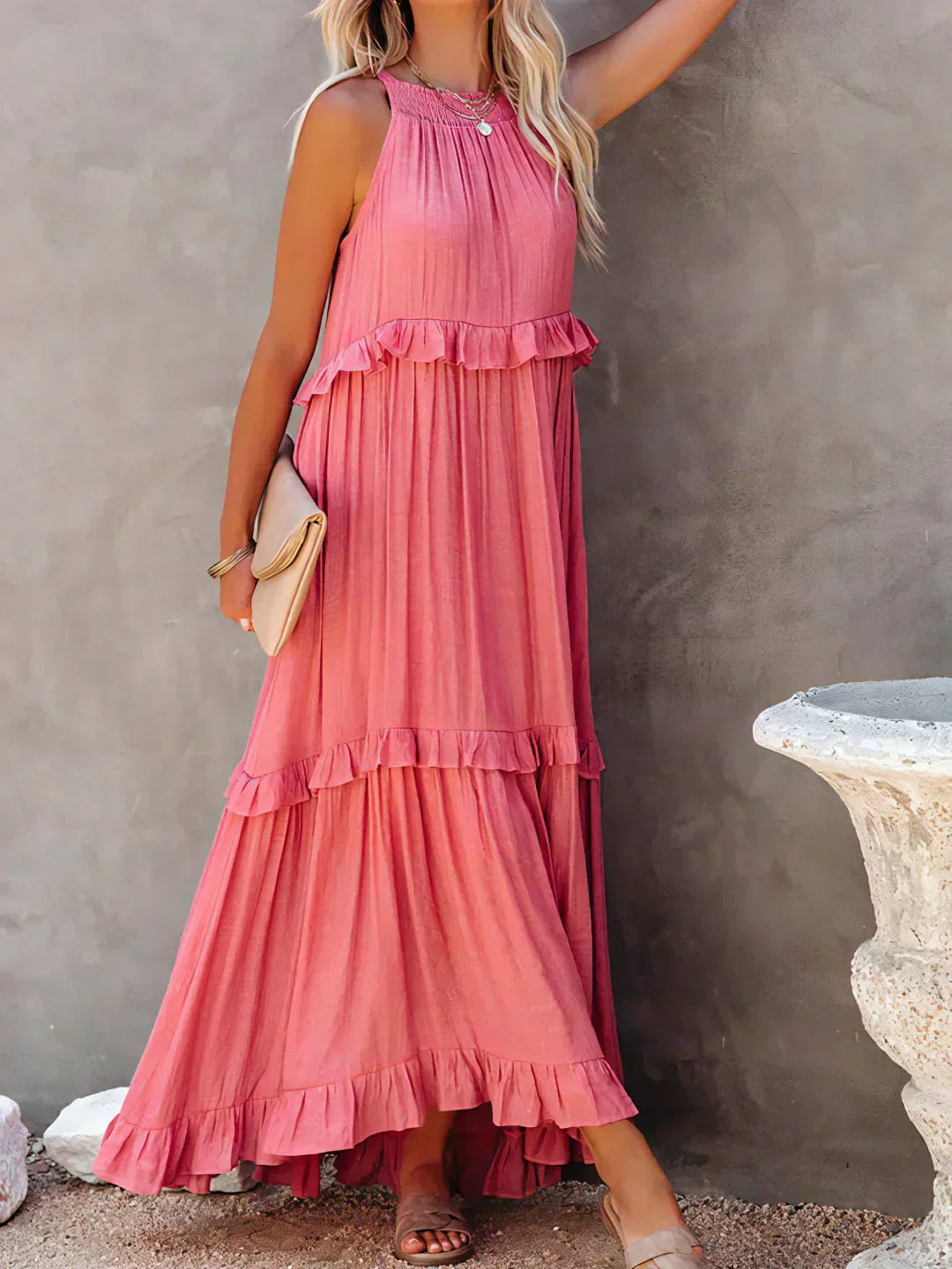Sarah | Vestido longo com babados e alças finas