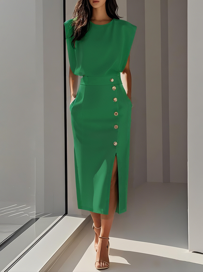 Aina - Vestido midi liso com fenda de botões e decote redondo