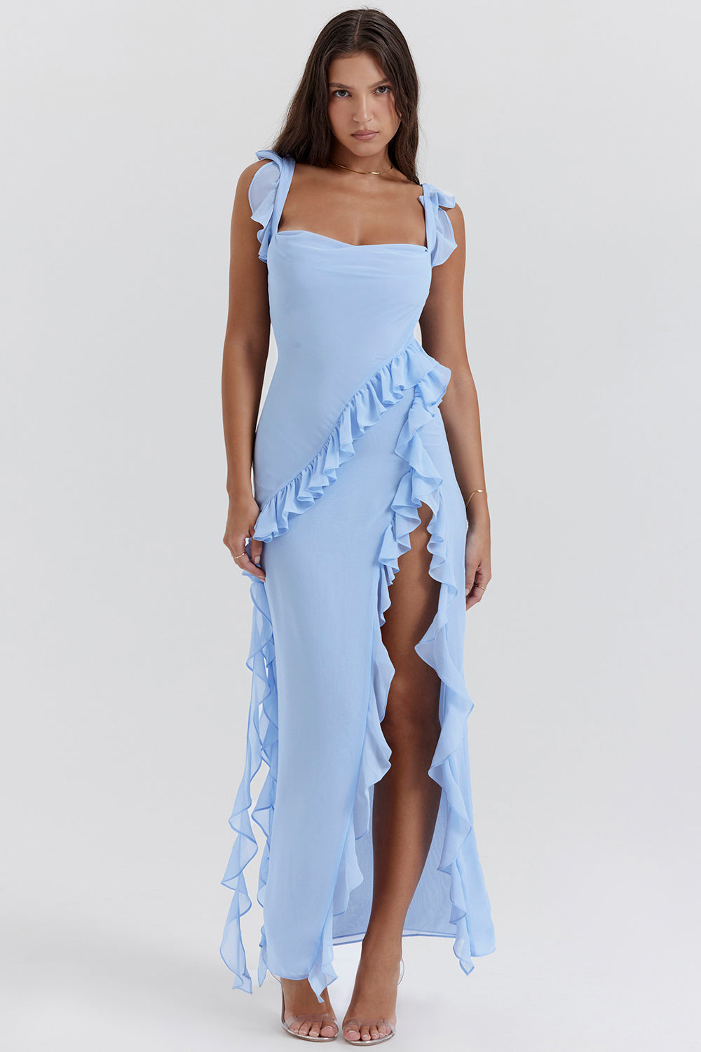 Vestido Giorgia comprido em chiffon com folhos e abertura