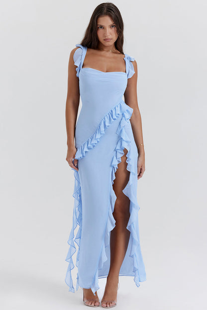 Vestido Giorgia comprido em chiffon com folhos e abertura