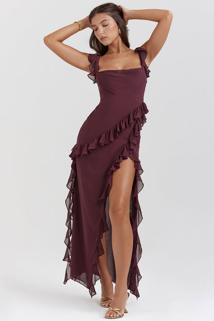 Vestido Giorgia comprido em chiffon com folhos e abertura