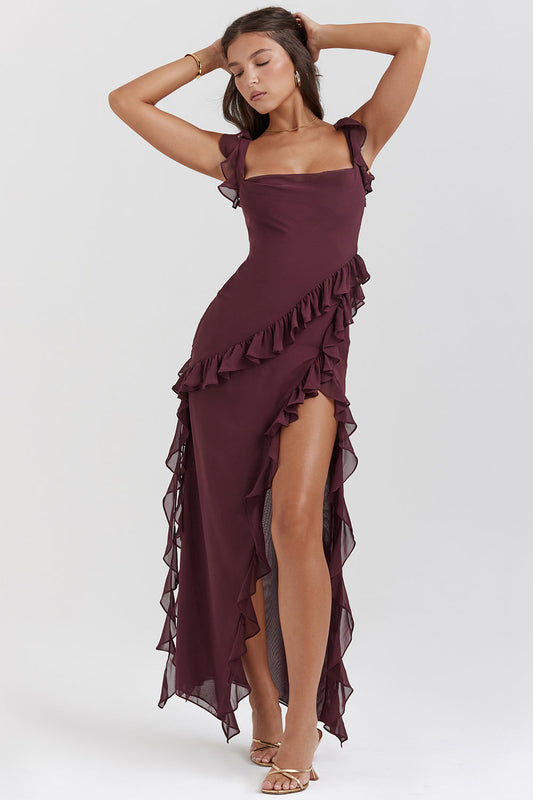 Vestido Giorgia comprido em chiffon com folhos e abertura