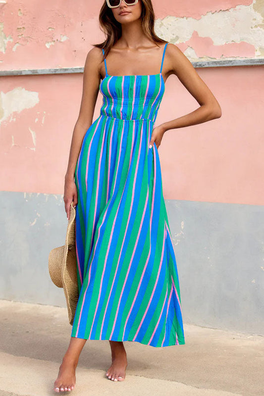 Gigi – Vestido midi listrado com corpete elástico