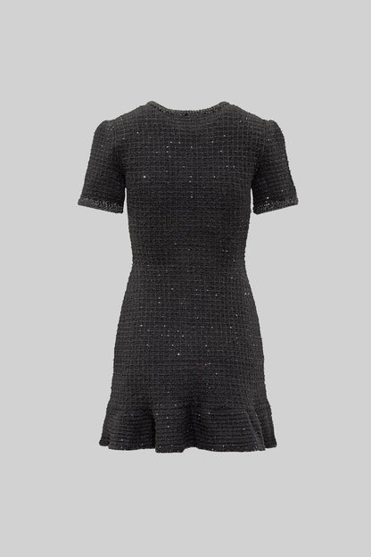 Vestido Tricotado de Manga Curta até ao Joelho - Preto