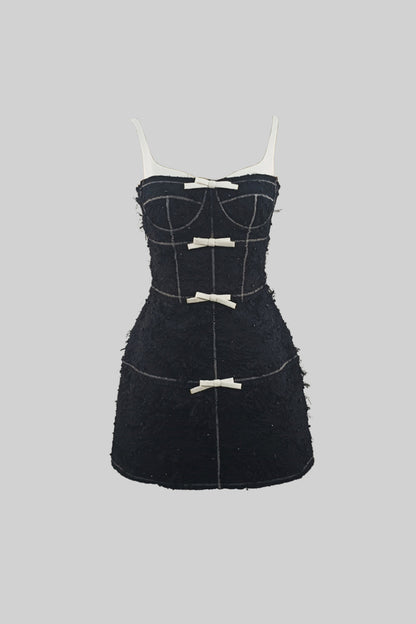 Vestido Mini Com Tecido Com Padrão Semelhante a Penas - Preto