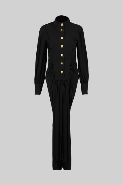 Vestido Maxi de Veludo com Botões Dourados em Destaque - Preto