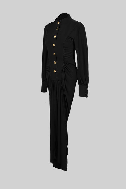 Vestido Maxi de Veludo com Botões Dourados em Destaque - Preto