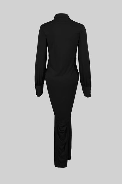 Vestido Maxi de Veludo com Botões Dourados em Destaque - Preto