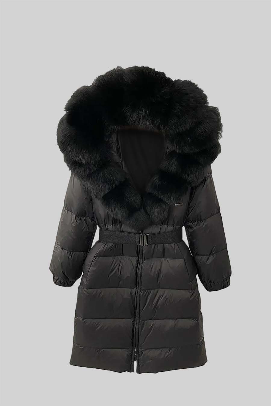 Casaco Puffer Longo Com Capuz Forrado de Pele de Raposa Preta - Preto