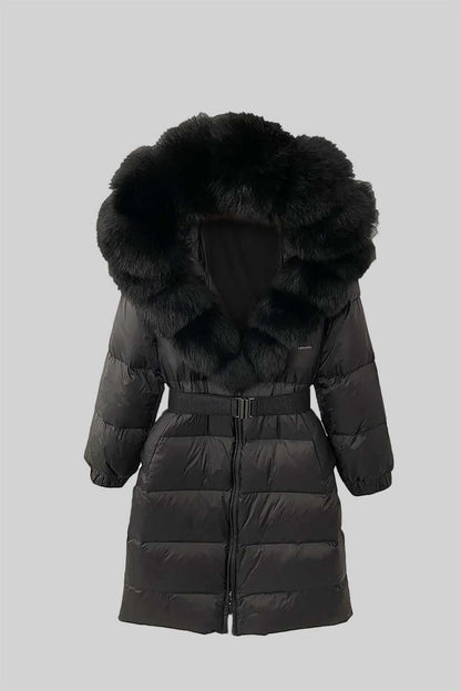 Casaco Puffer Longo Com Capuz Forrado de Pele de Raposa Preta - Preto