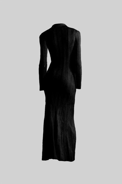 Vestido Elegante Canellado Com Mangas Longas - Preto