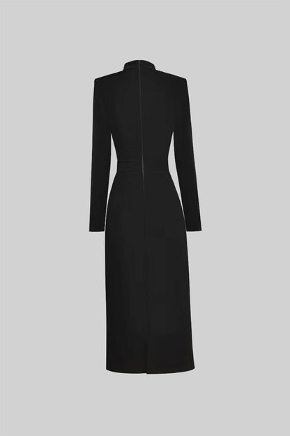 Vestido Elegante com Gola Laço de Manga Longa - Preto