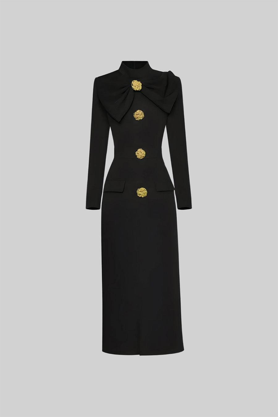 Vestido Elegante com Gola Laço de Manga Longa - Preto