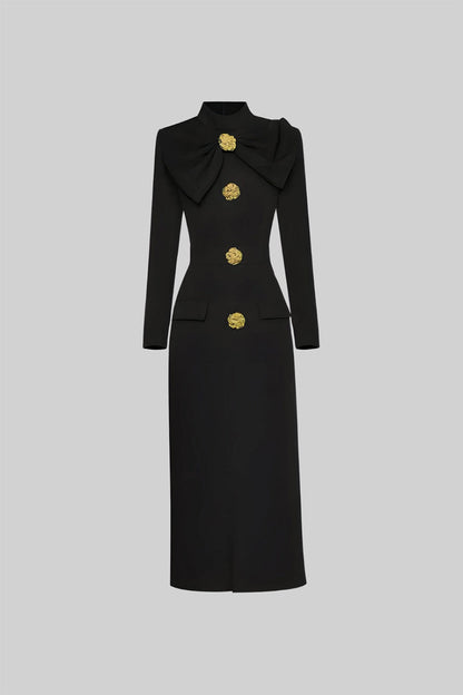 Vestido Elegante com Gola Laço de Manga Longa - Preto