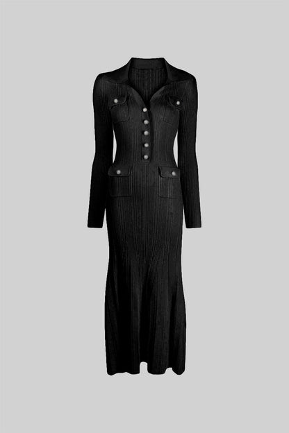 Vestido Elegante Canellado Com Mangas Longas - Preto